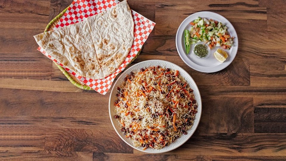 Halal food menu beside drinks and soup.
