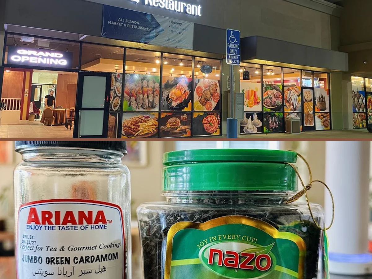 Halal restaurant interior with table service.