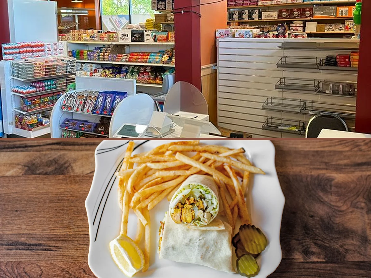 Family-friendly seating beside prepared food counters.